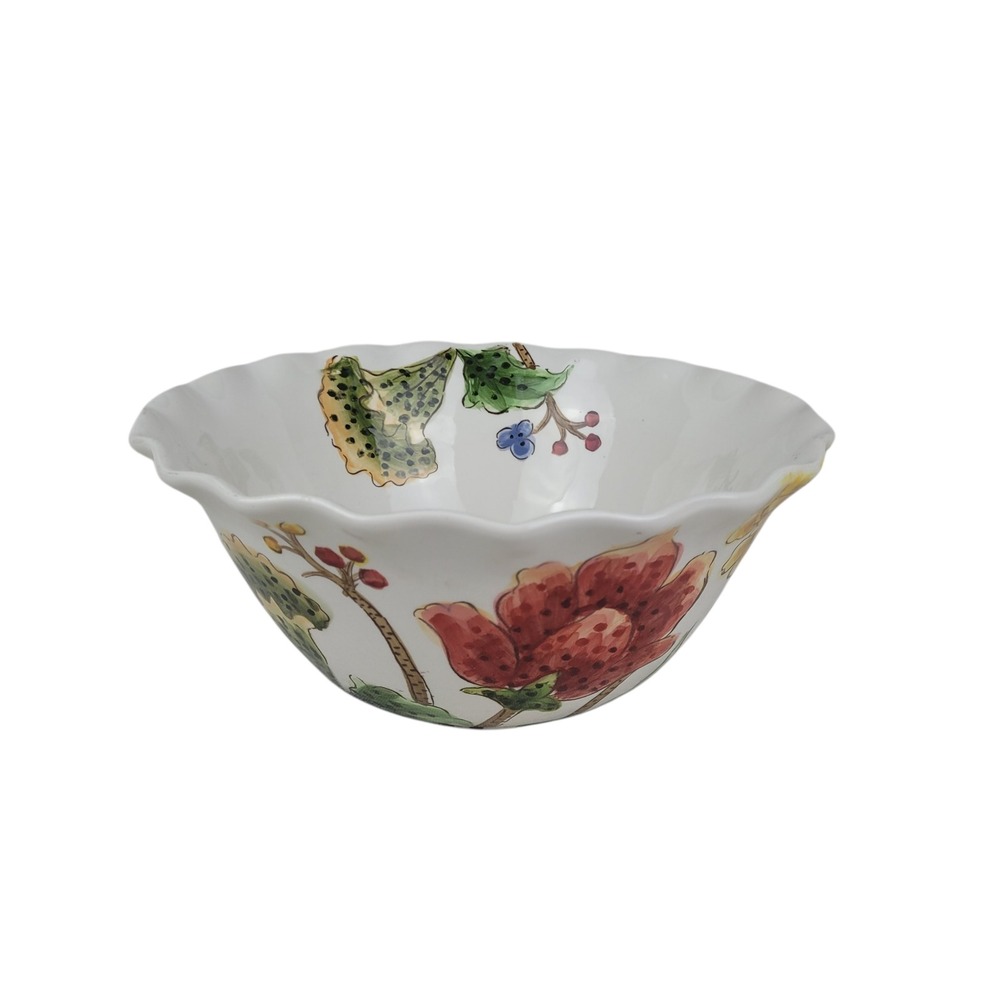 Maxcera Mum Florals Scalloped Ceramic Serving Bowl‎ White Red Yellow Flower 10in